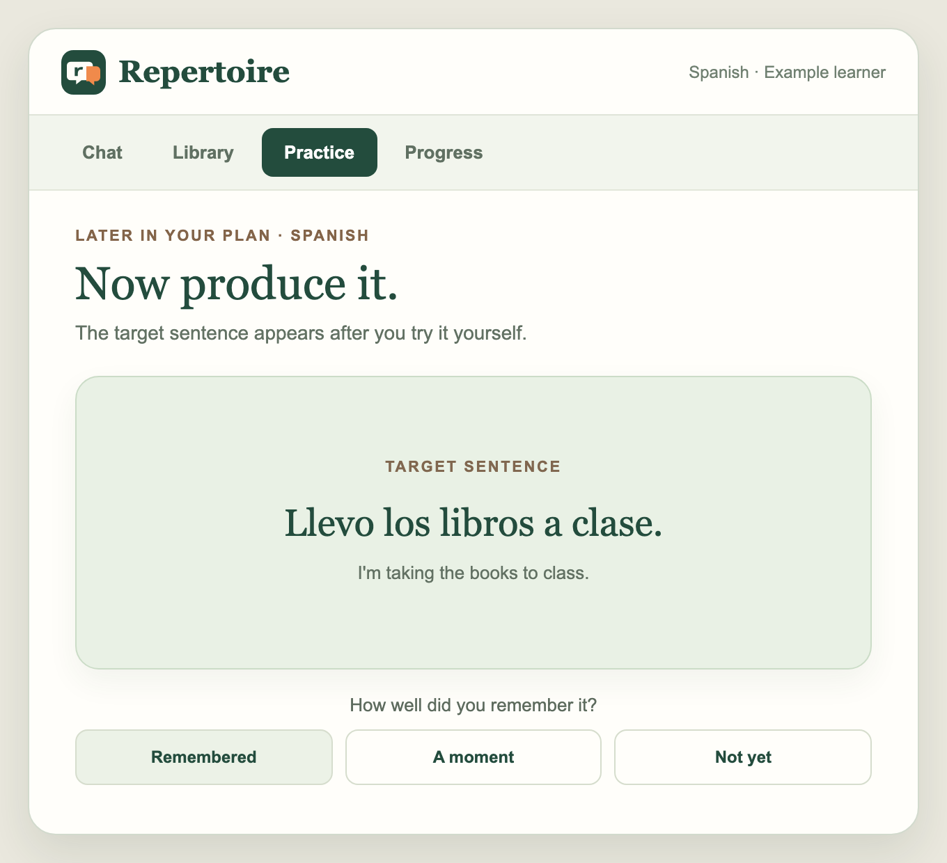 Illustrative Repertoire card reveals Llevo los libros a clase with Remembered, A moment, and Not yet choices.
