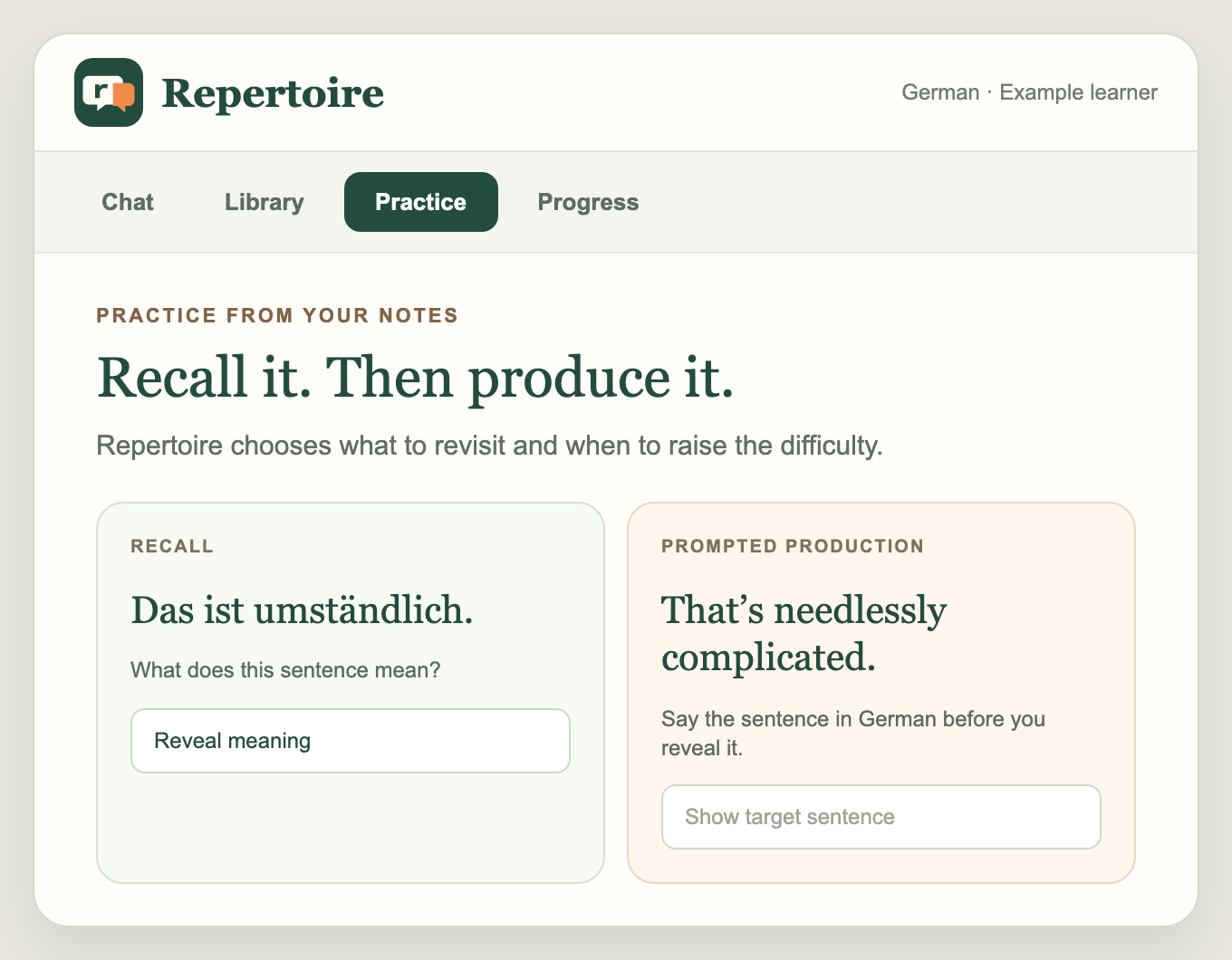 Illustrative Repertoire Practice screen showing a meaning-recall card beside a later production card that prompts the German sentence from its English translation.