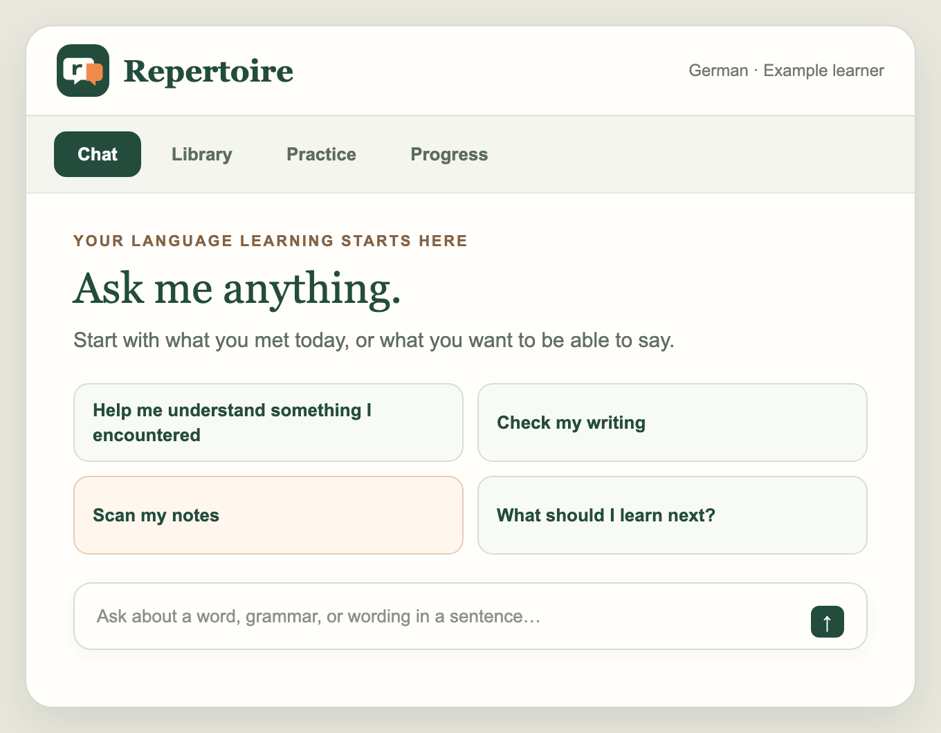 Illustrative Repertoire welcome screen with Ask me anything, language question starters, writing help, note scanning, and a composer.